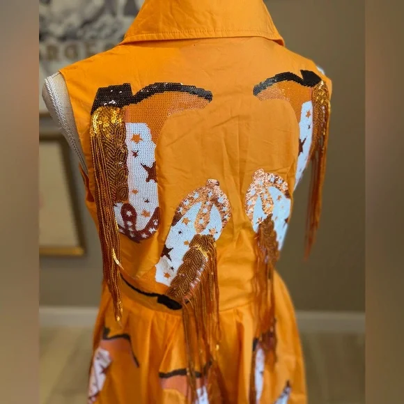 New! QUEEN OF SPARKLES Orange & White Sequin Boot Mini Dress